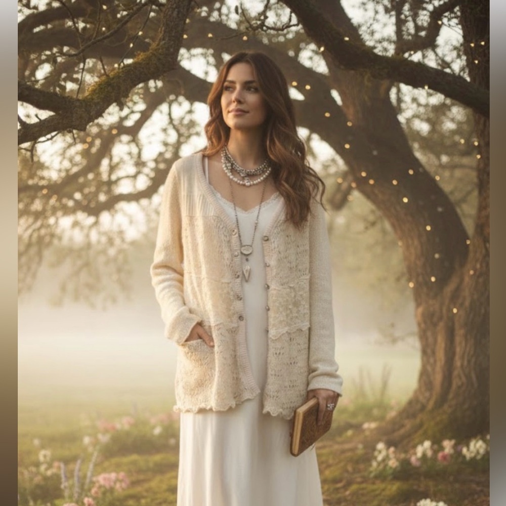 Free People Honeysuckle Years Lace Panel Crochet Wool Alpaca Blend Cardigan Sz L